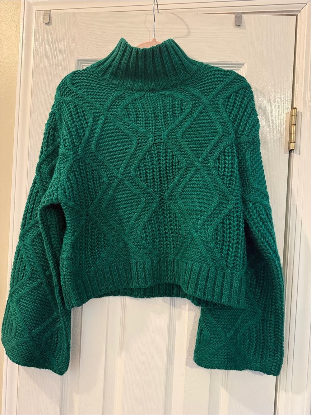 Sugar Lips Emerald Green Chunky Cable Knit Cropped Turtleneck Sweater
